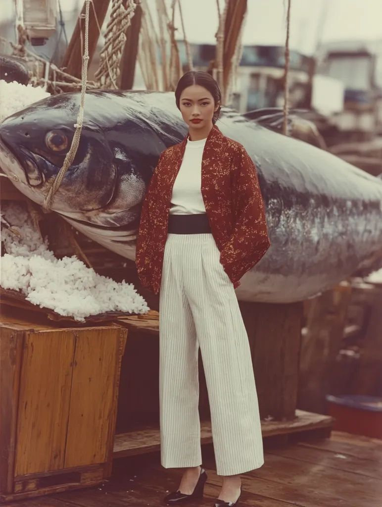 A striking fashion photograph features a young woman in a maroon patterned jacket and crisp white pinstripe pants. She stands confidently before a massive tuna, displayed on a wooden dock.  The setting evokes a maritime atmosphere, with fishing paraphernalia and crates visible.  Her dark hair is neatly pulled back, and her makeup is subtle but defined. The overall mood is one of sophisticated contrast between the raw natural elements and elegant clothing.