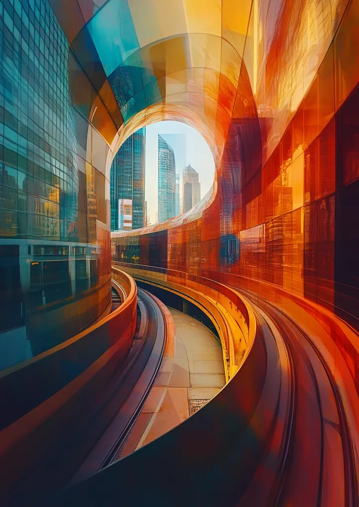 The image showcases a futuristic architectural marvel. A curving, transparent structure, predominantly orange and teal, creates a tunnel-like passage.  The walls reflect a modern cityscape visible through a large, circular opening at the tunnel's apex. Sleek, dark lines suggesting tracks or pathways run along the tunnel floor. The vibrant colors and smooth curves create a dynamic and visually striking composition. The scene conveys a sense of speed and progress within a technologically advanced urban setting.