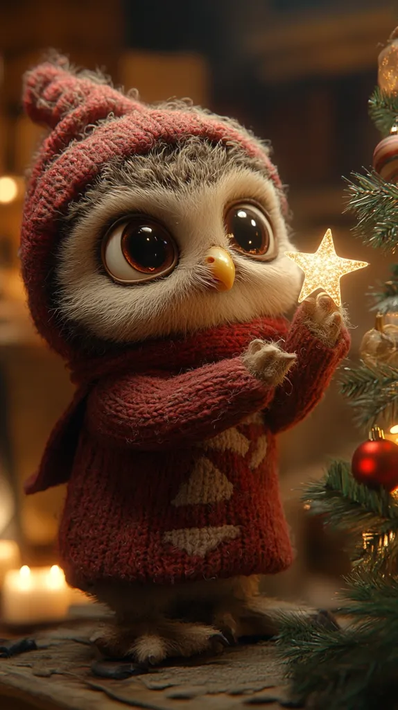 An adorable, fluffy owl, wearing a red knitted sweater and hat, delicately places a star-shaped ornament on a Christmas tree.  Its large, expressive eyes and endearing pose create a heartwarming winter scene. The warm lighting and cozy atmosphere enhance the image's festive charm. The owl's tiny claws are visible as it carefully handles the ornament, adding to its cuteness.