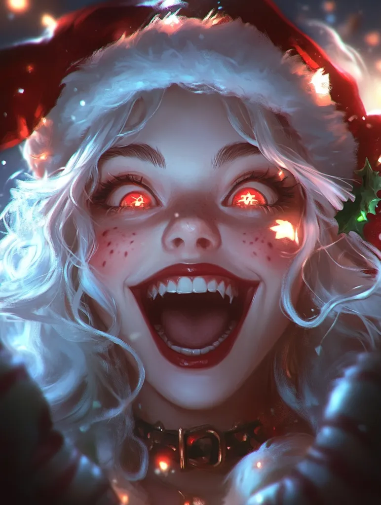 Close-up digital art depicts a young woman with long, white hair wearing a Santa hat. Her eyes glow with an intense, fiery red light, and her mouth is open in a wide, fang-like grin.  She has fair skin and freckles, and a dark collar around her neck.  The background is blurred, with twinkling lights suggesting a festive atmosphere. The overall style is stylized and fantastical, hinting at a supernatural or playful Christmas theme.