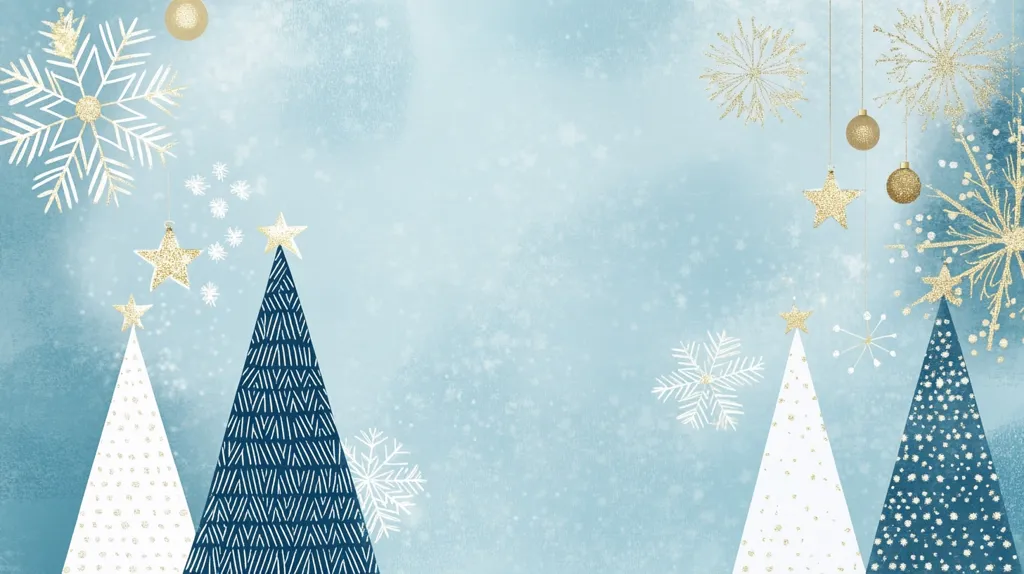 Here's a description of the image:

The image is a wintery Christmas scene rendered in a soft, painterly style.  A pale blue background is speckled with tiny white dots, suggesting snow.  Three stylized Christmas trees are the central focus: one dark blue with white detailing, one white with gold dots, and another white with gold specks.  Gold stars and snowflakes are scattered throughout, along with hanging gold ornaments and larger, glittery snowflakes. The overall aesthetic is delicate, elegant, and festive.