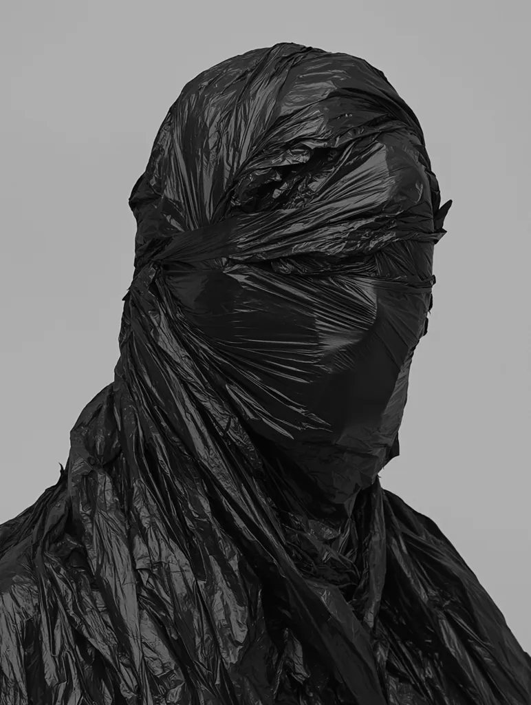 Here's a description of the image:

The photograph is a close-up shot of a figure completely shrouded in a black plastic garbage bag. The bag is tightly wrapped around the head, obscuring the face and leaving only the general shape of the head visible.  The folds and wrinkles of the plastic create a textured, almost sculptural effect. The background is a plain, light gray, which emphasizes the dark, somber tone of the subject. The overall impression is one of anonymity, concealment, and perhaps even a sense of unease or mystery.