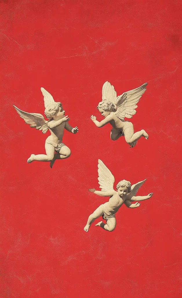 Three cherubic angels with wings are depicted against a vibrant red backdrop.  The angels, rendered in a classic, possibly antique, style, are sculpted in off-white, appearing to be in mid-flight.  Their poses are dynamic, with a sense of movement and playful energy. The red background is textured, giving it a slightly aged or distressed look, enhancing the overall aesthetic.  The image evokes feelings of classic art and cherubic innocence.
