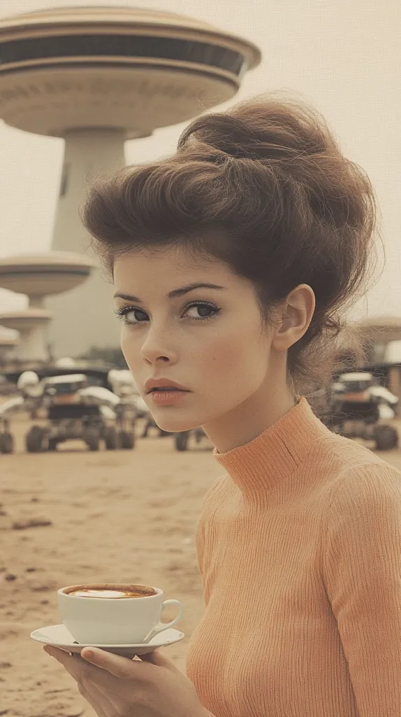 A young woman with a stylish updo holds a cup of coffee.  She's wearing a pale orange turtleneck sweater.  The background is blurred but shows a sandy landscape with futuristic-looking structures resembling observation towers or spaceports in the distance.  The overall tone is soft and vintage, with a muted color palette. The image evokes a sense of quiet contemplation and perhaps a journey or exploration.