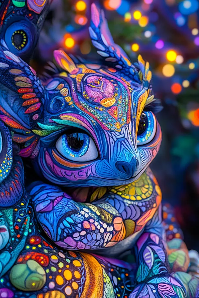A vibrant, close-up shot reveals a fantastical creature, possibly a dragon or mythical beast.  Its body is a canvas of intricate, colorful patterns in blues, purples, oranges, and yellows, resembling stained glass or body paint.  Large, expressive eyes and ornate features add to its whimsical charm.  The background is blurred, showcasing out-of-focus colorful lights, creating a dreamy, magical ambiance. The overall style is highly stylized and digitally rendered.