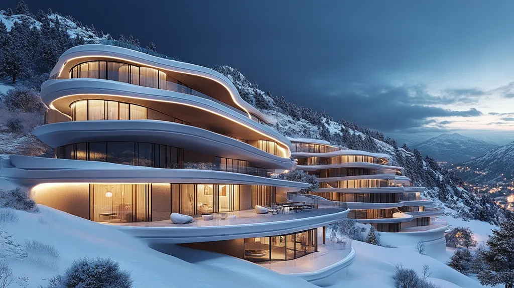 Here's a description of the image:

The image showcases a stunning, modern architectural design of a luxury apartment building nestled into a snow-covered mountainside. The building's curved, flowing lines create a striking contrast against the rugged, natural landscape.  Large windows offer panoramic views, and warm interior lighting glows invitingly against the twilight sky. The building is multi-level with terraces and balconies, seemingly built into the mountain itself. A distant town shimmers with lights under a dramatic, cloudy sky. The overall aesthetic is one of sophisticated, luxurious mountain living.