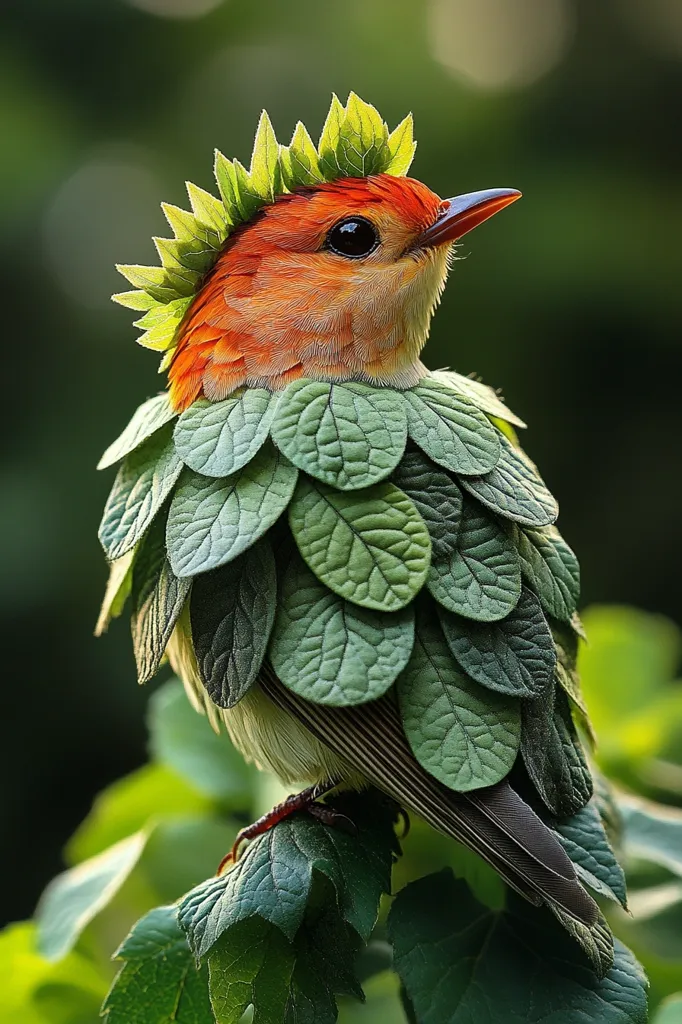Here's a description of the image:

The image showcases a small bird, predominantly orange on its head and breast, adorned with a crown and cloak of vibrant green leaves.  The leaves are meticulously arranged, creating a natural, almost regal, look. The bird's dark eyes are striking against its bright plumage. It perches on a branch amidst lush green foliage, suggesting a tropical or subtropical environment. The overall effect is one of surreal beauty, a blend of nature's artistry and possibly digital enhancement.
