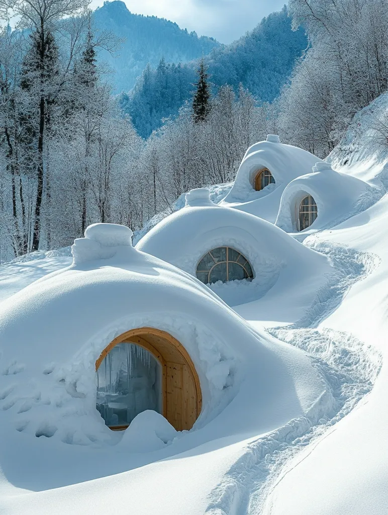 A breathtaking winter scene showcases three snow-covered, dome-shaped structures nestled in a snowy mountainside.  The buildings, with their arched wooden doorways and windows, appear partially buried under a thick blanket of pristine white snow.  Frozen, snow-laden trees form a backdrop against a hazy blue mountain range under a bright sky. Footprints in the snow lead towards the dwellings, hinting at a secluded, peaceful retreat in a beautiful, remote landscape.