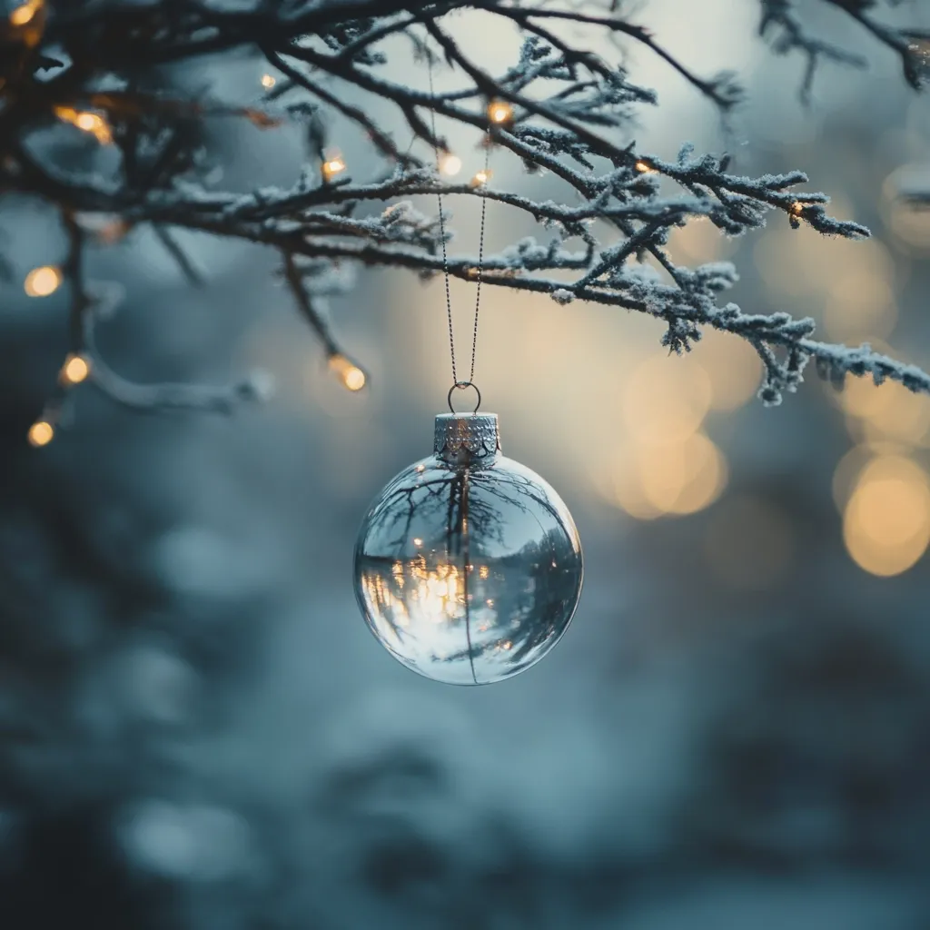 A clear glass Christmas ornament hangs from a snow-dusted branch.  The ornament reflects the soft glow of nearby fairy lights and a blurred winter landscape.  The overall scene is serene and peaceful, evoking a feeling of quiet winter magic.  The muted blue and gold tones create a calming, atmospheric effect.  The depth of field emphasizes the delicate ornament and its reflective qualities.