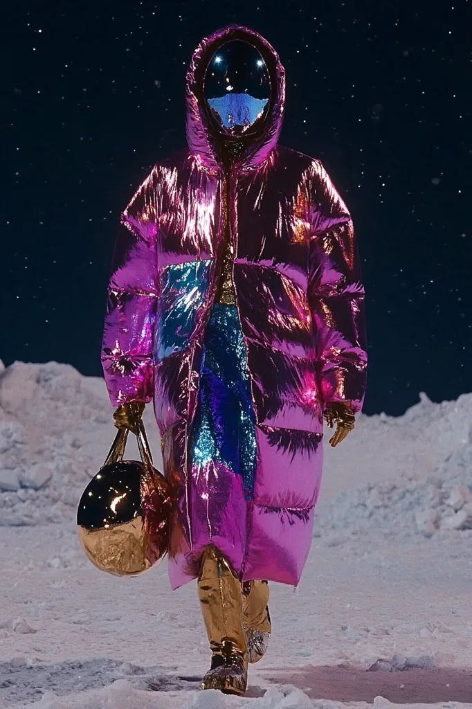 Here is a description of the image:

A figure, seemingly a model, strides across a snow-covered landscape under a dark, starry sky. They are dressed in a striking, iridescent pink and purple metallic puffer coat that extends to their mid-calf.  The coat features color-blocked panels of teal and purple, adding to its futuristic aesthetic. A helmet-like hood obscures their face, enhancing the space-age feel. They carry a large, gold, metallic handbag and wear gold boots.  The overall effect is one of avant-garde fashion in a surreal, wintery setting.