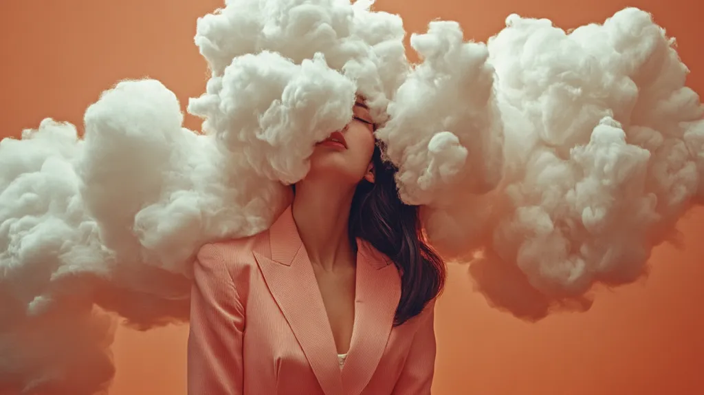 Here's a description of the image:

The photograph features a young woman with dark hair, partially obscured by a large, fluffy cloud formation that seems to envelop her face and shoulders.  She wears a soft peach-colored blazer, and her eyes are closed, suggesting a serene or pensive mood.  The background is a muted orange-toned backdrop, providing a warm contrast to the cool white of the clouds. The overall effect is surreal and dreamlike, possibly conveying a sense of being lost in thought or overwhelmed by emotions.