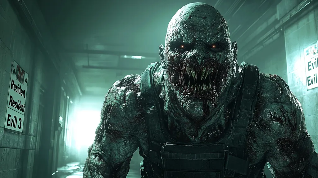 Here's a description of the image:

The image shows a terrifying, hulking creature from a video game, possibly Resident Evil 3, judging by the signage visible in the background. The creature is monstrous, with gray-green, decaying skin, sharp teeth, and glowing red eyes. It has a muscular build and wears a tactical vest, adding to its menacing presence. The background is a dimly lit, greenish-tinged corridor, creating a suspenseful atmosphere. The overall impression is one of horror and impending threat.