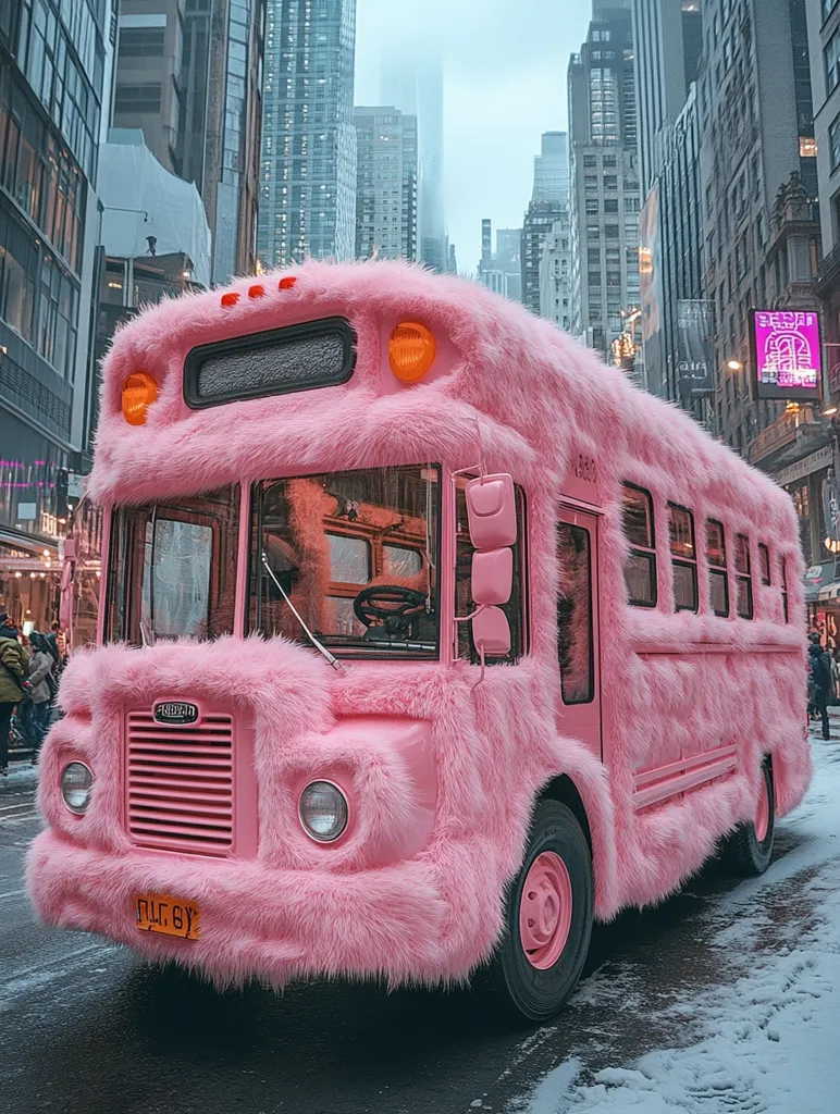 A vibrant pink school bus, entirely covered in fluffy fur, sits on a city street.  The bus, parked amidst snow-dusted pavement, stands out against the backdrop of tall, modern city buildings.  Its playful, unusual appearance contrasts sharply with the urban environment. The image suggests a whimsical or artistic installation, capturing attention with its unexpected texture and color.  The bus's license plate is visible, adding a touch of realism to the fantastical scene.