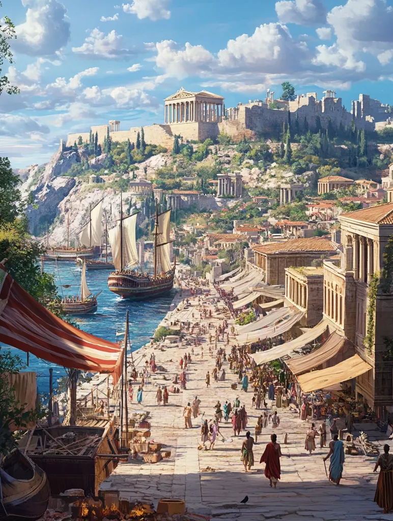 A vibrant depiction of ancient Athens unfolds, showcasing a bustling harbor scene.  Numerous ships are moored alongside a stone quay, which is crowded with people engaged in commerce and daily life.  Market stalls line the waterfront, offering various goods under sun-drenched awnings.  In the background, the Acropolis, crowned by the Parthenon, stands majestically on a verdant hill, providing a stunning backdrop to the lively port activity. The overall impression is one of a thriving, sun-kissed ancient city at the height of its power.