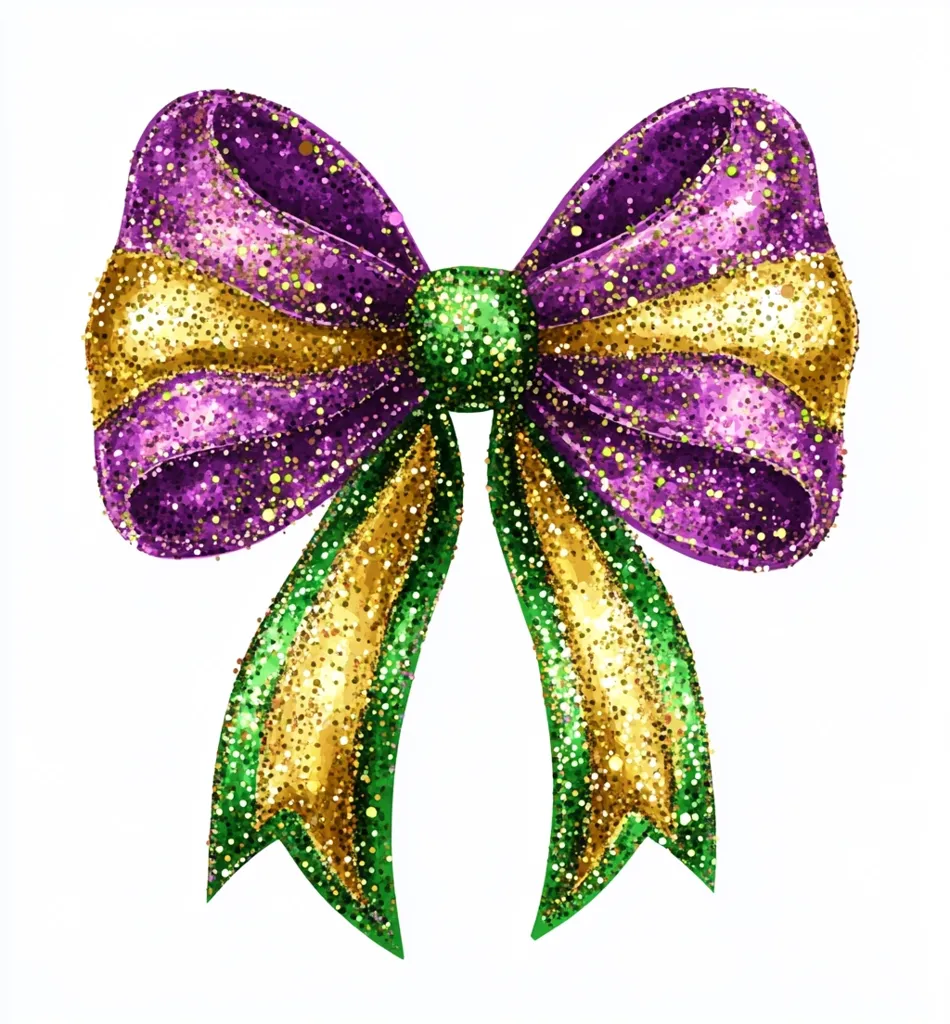 Here's a description of the image:

The image shows a large, sparkly bow rendered in purple, gold, and green glitter.  The bow is tied in a classic style with two long, flowing tails. The colors are reminiscent of Mardi Gras, suggesting a celebratory or festive context. The glitter gives the bow a textured, luxurious appearance, and the overall design is eye-catching and decorative.  It's presented against a plain white background, which makes the bow stand out prominently.