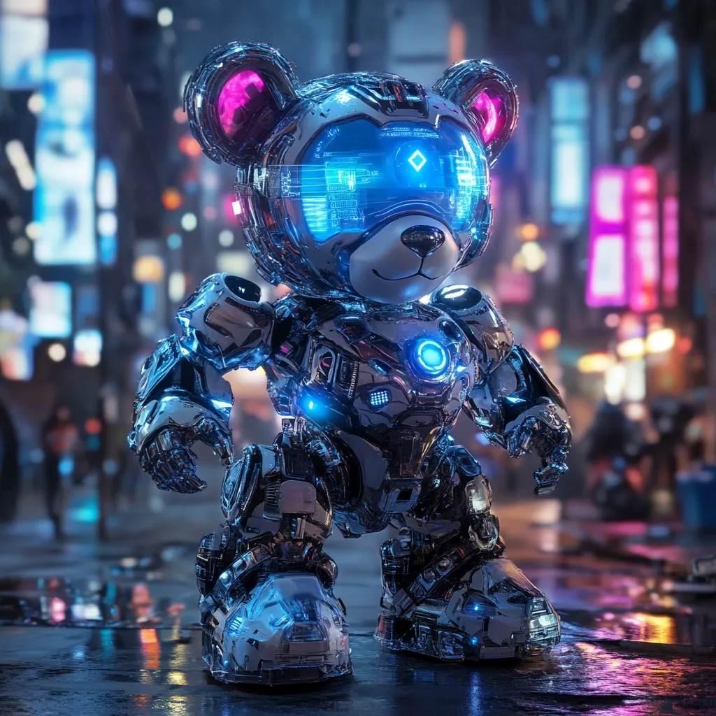 A chrome robotic teddy bear stands on a wet city street at night.  Neon lights reflect in puddles around its metallic feet.  The bear's head is encased in a futuristic helmet with glowing blue and pink accents. Its body is highly detailed, showcasing complex mechanical parts and glowing blue energy sources.  The overall aesthetic blends cuteness with advanced technology, creating a striking image in a cyberpunk setting.