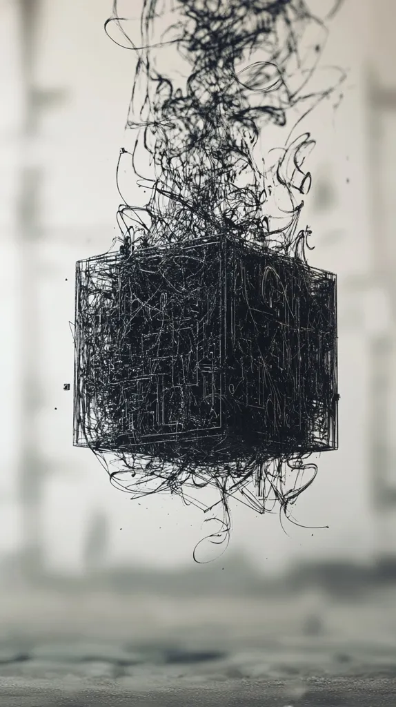 The image shows a black, cube-shaped object seemingly made of intricate, interwoven lines.  It's suspended mid-air, enveloped by a chaotic cloud of similar dark, swirling lines that extend both above and below it. The background is blurred and out-of-focus, a muted gray suggesting an indistinct indoor or outdoor space. The overall effect is abstract and somewhat mysterious, evoking feelings of complexity and entrapment.