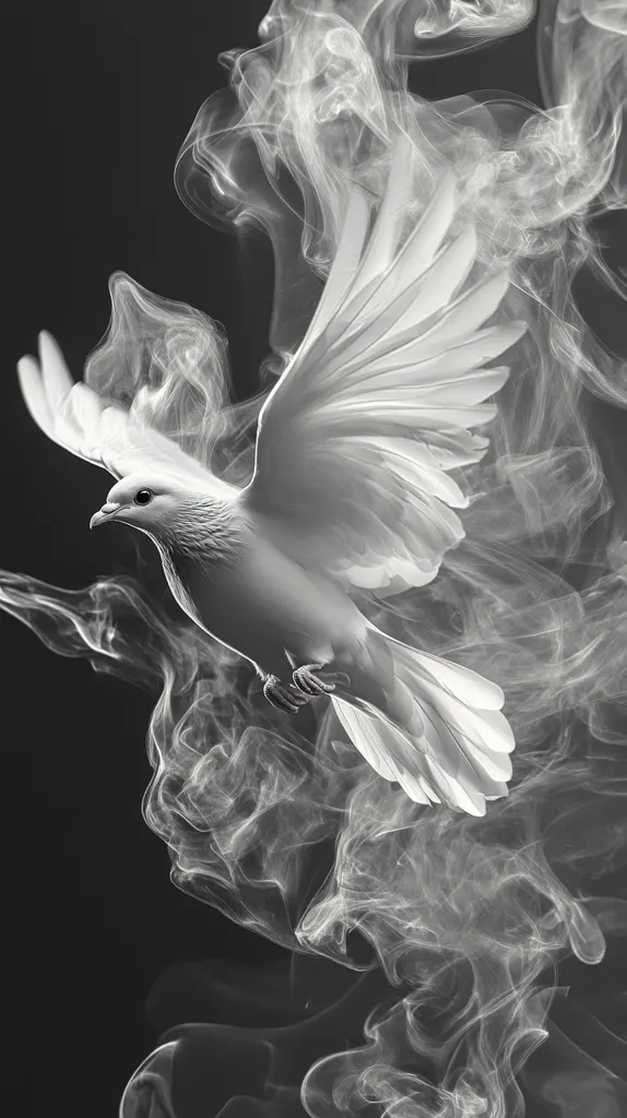 Here is a description of the image:

A monochromatic image showcases a white dove in flight, seemingly emerging from or enveloped by a swirling cloud of smoke. The dove's wings are spread wide, feathers meticulously detailed, contrasting sharply with the hazy, ethereal smoke. The background is a dark gray, providing a stark backdrop that emphasizes the dove's purity and the smoke's texture. The overall effect is one of serenity and spirituality, suggesting themes of peace, freedom, or transcendence. The contrast between the sharp dove and soft smoke creates a visually striking composition.
