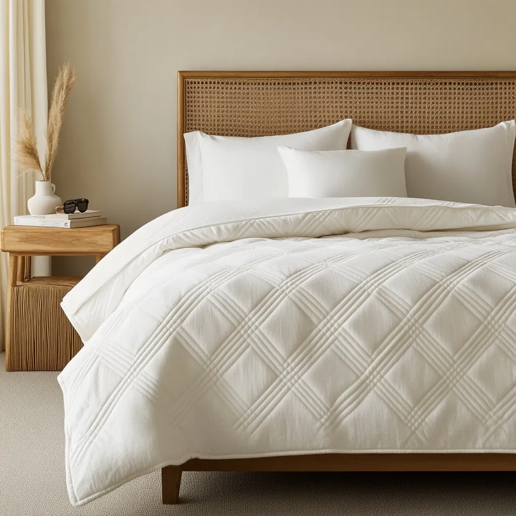 Here's a description of the image:

A neatly made bed features a cream-colored, diamond-quilted comforter.  The bed has a light wood rattan headboard and is dressed with crisp white linen pillowcases and pillows. A small wooden side table beside the bed holds a book, sunglasses, and a vase with dried pampas grass. The overall aesthetic is minimalist and serene, with a light and airy feel. The room is simply decorated with a light beige wall and neutral flooring.