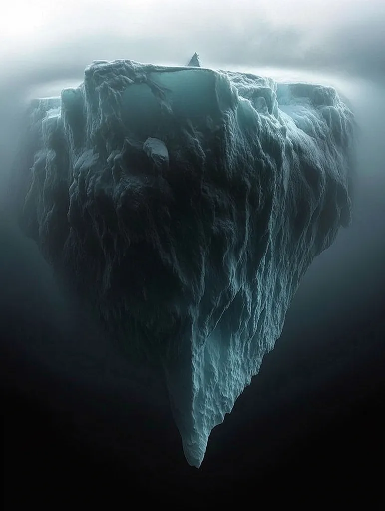 Here is a description of the image:

The photograph captures a breathtaking underwater view of a massive iceberg.  The iceberg's top, partially visible above the waterline, is a stark white contrasting with the dark, mysterious depths below. The submerged portion is a striking teal and gray, textured with crevices and icy formations, creating an ethereal, almost otherworldly scene. The water is dark, highlighting the iceberg’s imposing size and the vastness of the surrounding ocean. The overall mood is one of awe-inspiring beauty and stark, cold solitude.