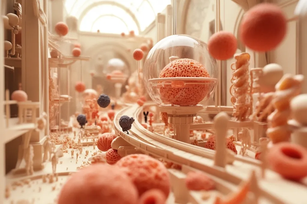 The image shows a detailed miniature cityscape, predominantly in soft peach and beige tones.  Numerous small figures populate the scene, which features intricate, curving elevated roadways.  Large, porous, coral-like spheres are scattered throughout, some enclosed in glass domes, creating a whimsical, almost biological feel. The architecture blends organic and geometric forms, suggesting a fantastical, possibly futuristic or dreamlike setting. The overall impression is one of delicate artistry and meticulous craftsmanship.