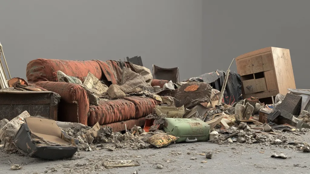 Here's a description of the image:

The photograph depicts a scene of extensive devastation, likely the aftermath of a flood or other natural disaster.  A large, water-damaged orange couch dominates the foreground, buried under a mountain of mud and debris.  Surrounding the couch are various ruined household items: a damaged wooden cabinet, a broken suitcase, scattered furniture fragments, and muddy rubble.  The overall impression is one of significant loss and destruction, with the muted grey background emphasizing the bleakness of the scene. The image is sharply focused, showcasing the detail of the damage.