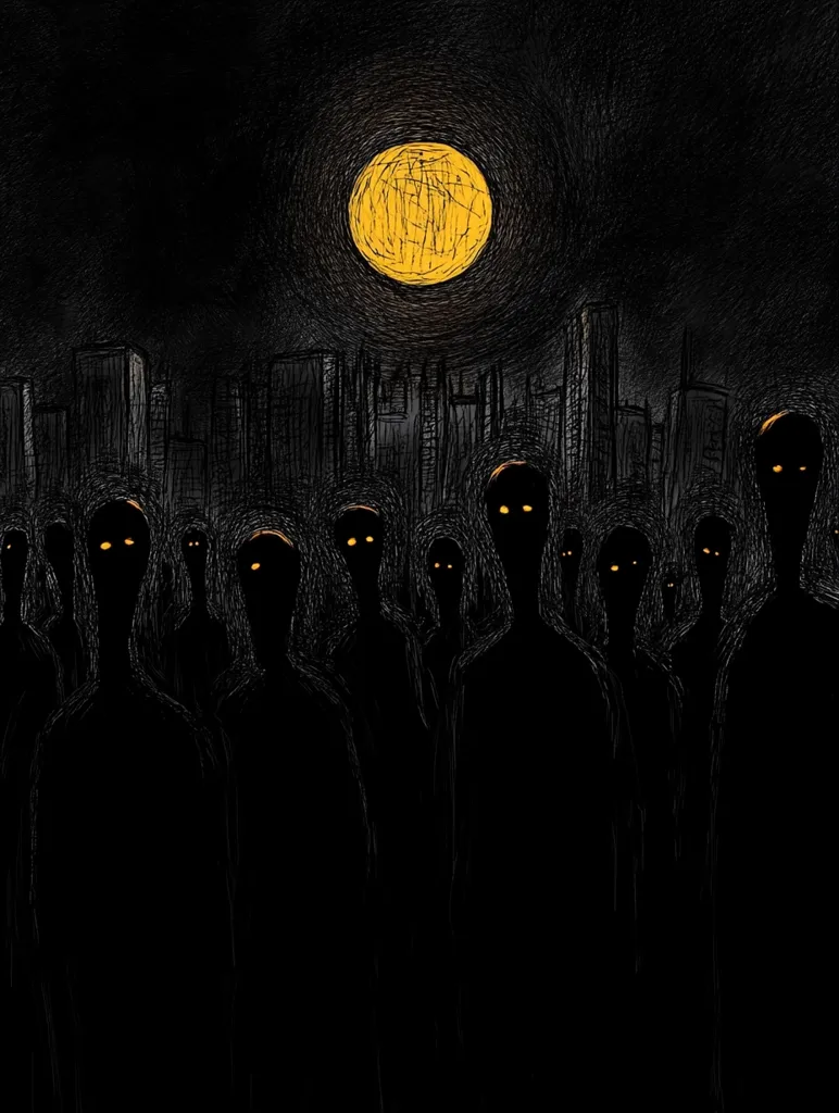 A nighttime cityscape is depicted under a large, yellow moon.  A crowd of shadowy figures, their faces obscured but with glowing yellow eyes, stand before the city.  The style is dark and sketchy, conveying a sense of unease and mystery. The figures are indistinct, merging with the dark background, creating a haunting and ominous atmosphere.  The contrast between the bright moon and the dark figures emphasizes the unsettling nature of the scene.