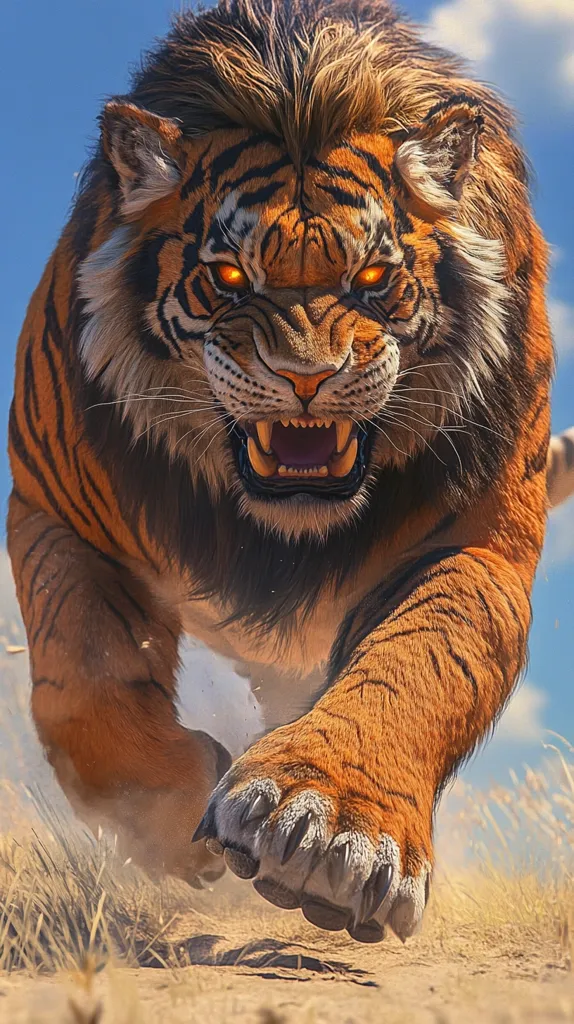 Here's a description of the image:

The image showcases a digitally rendered tiger in dynamic motion, appearing to charge forward. Its orange and black stripes are vividly detailed, and its fur has a realistic texture. The tiger's expression is fierce, its mouth open in a snarl revealing sharp teeth, and its eyes glow with an intense, almost supernatural, orange light. The tiger's powerful paws are prominent in the foreground, kicking up dust as it runs through dry, tan-colored grass under a bright blue sky. The overall impression is one of raw power and imminent aggression.