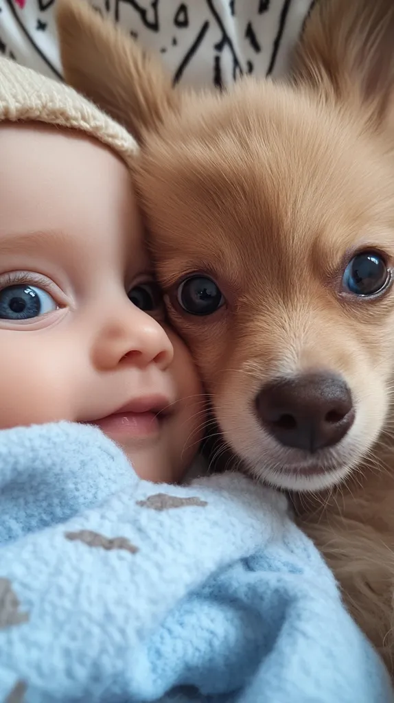 A close-up shot captures the tender moment between a baby and a fluffy, light brown puppy.  The baby, wearing a light blue outfit and cream-colored hat, gazes peacefully at the camera.  The puppy, with striking blue eyes, rests its head gently against the baby's cheek.  Both appear relaxed and comfortable, nestled together against a patterned background. The image exudes warmth and affection, showcasing the bond between a human and animal.