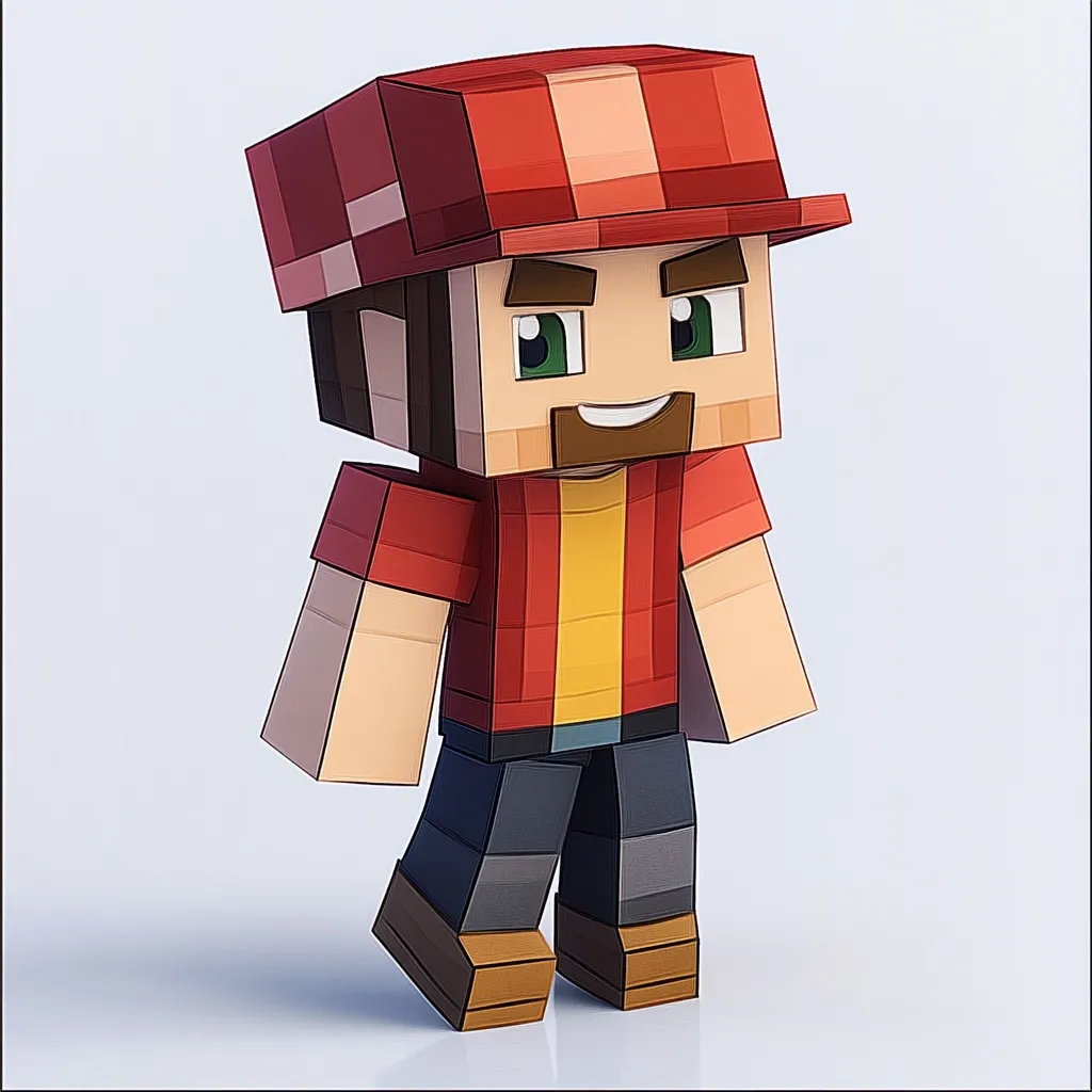 Here's a description of the image:

The image shows a stylized Minecraft-like character.  The figure is blocky, with a pixelated aesthetic, yet features a high level of detail in its rendering. It's wearing a red and yellow shirt, dark grey pants, and a red cap with white stripes.  The character has brown hair, green eyes, and a small goatee, giving it a friendly and approachable appearance. The background is a plain, light grey, focusing attention on the character model. The overall style blends the blocky charm of Minecraft with smoother, more detailed rendering techniques.