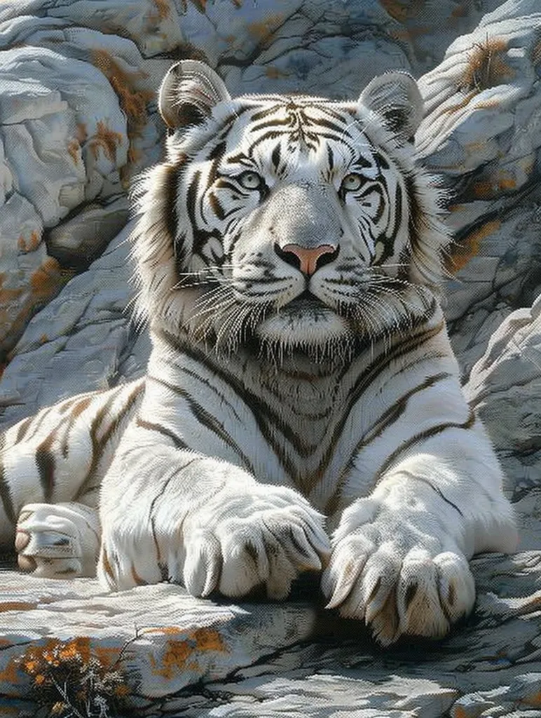 A majestic white tiger, its fur a striking contrast against the gray rocks, rests peacefully.  The tiger's gaze is direct, its eyes piercing.  Dark stripes accentuate its pale coat, and its large paws are prominently displayed. The setting appears to be a rocky outcrop, possibly a natural habitat. The overall impression is one of serene power and wild beauty.