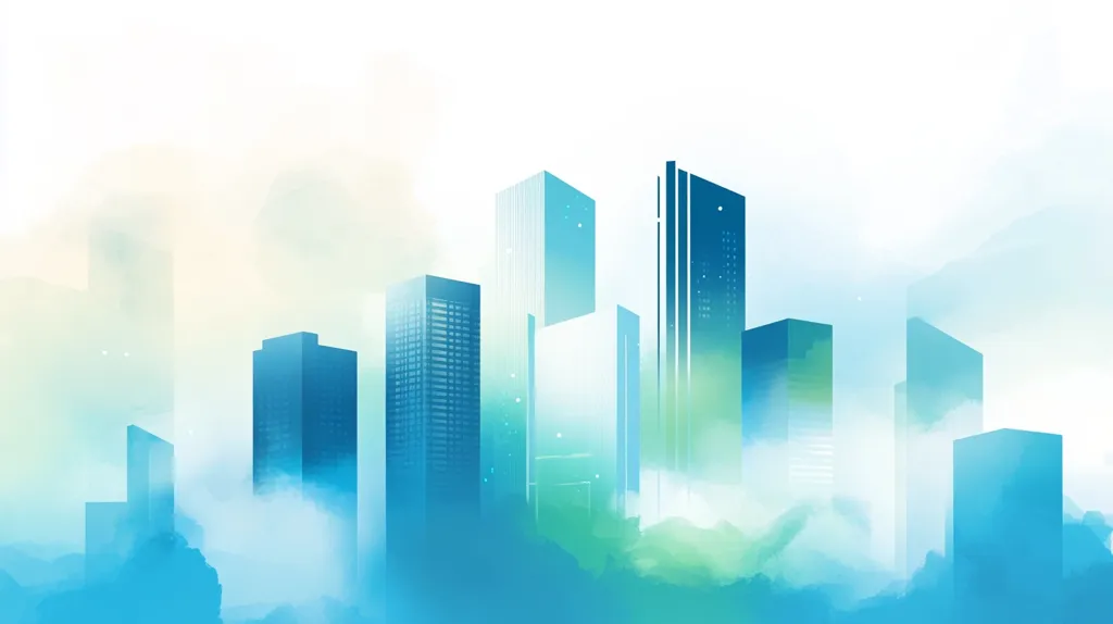 Here's a description of the image:

The image is a stylized depiction of a cityscape shrouded in mist or clouds.  Several skyscrapers of varying heights are rendered in shades of blue, appearing almost ethereal against a soft, light background.  The clouds, painted in soft blues and greens, create a dreamy, almost surreal atmosphere.  The city’s buildings are simplified in design, lacking intricate details, focusing instead on form and silhouette. The overall effect is peaceful and calming, suggesting a sense of serenity and perhaps, mystery.
