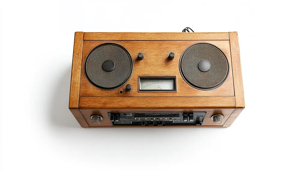 Here's a description of the image:

The image shows a vintage-style stereo system encased in rich, dark brown wood.  The unit features two large, circular speakers with textured grilles, flanked by control knobs. A central analog meter is visible, possibly indicating signal strength.  Below are additional controls and what appears to be a cassette deck slot. The entire unit is positioned on a plain white background, providing a stark contrast to the warm tones of the wood. The overall aesthetic evokes a nostalgic feeling of classic audio technology.