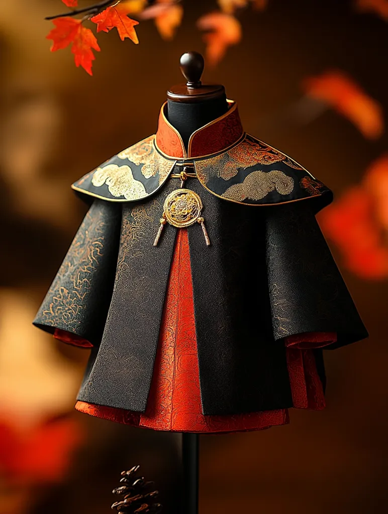 A child's traditional Chinese-style coat, displayed on a mannequin, is the focus of this image.  The coat is predominantly black with rich orange lining visible at the hem and collar.  Intricate gold detailing adorns the black fabric, creating a pattern of clouds or stylized dragons.  A decorative gold pendant hangs from the collar.  The background is blurred, with autumn leaves subtly visible, enhancing the garment's luxurious feel. The overall aesthetic is one of elegance and rich cultural heritage.