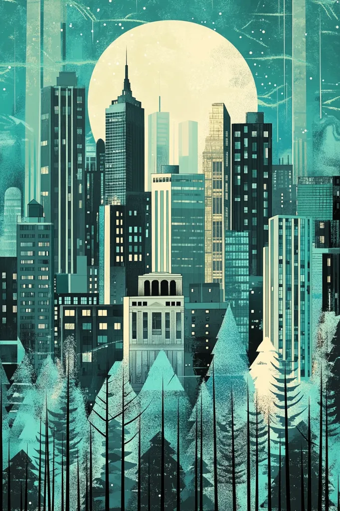 Here's a description of the image:

The illustration depicts a stylized cityscape at night, viewed from a forest's edge.  Tall, slender buildings in varying shades of teal and dark green dominate the scene, illuminated by a large, pale yellow moon.  The buildings are rendered in a geometric style, lacking intricate detail, and are set against a textured, dark teal night sky speckled with small white lights, suggesting stars.  A row of stylized evergreen trees in matching teal shades fills the bottom of the image, creating a sense of depth and framing the cityscape. The overall mood is serene and slightly mysterious, combining the urban and natural worlds in a visually appealing contrast.