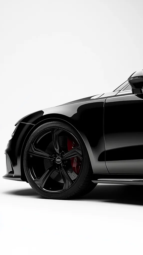 Here's a description of the image:

Close-up view of the front section of a sleek, black Audi RS7. The car is positioned against a stark white background, emphasizing its glossy finish and sharp lines.  The focus is on the front wheel and tire, showcasing its black multi-spoke design and red brake calipers.  The Audi logo is subtly visible on the wheel hub. The car's body is perfectly clean and reflects light, highlighting its luxurious design. The image emphasizes the car's sporty and elegant aesthetic.