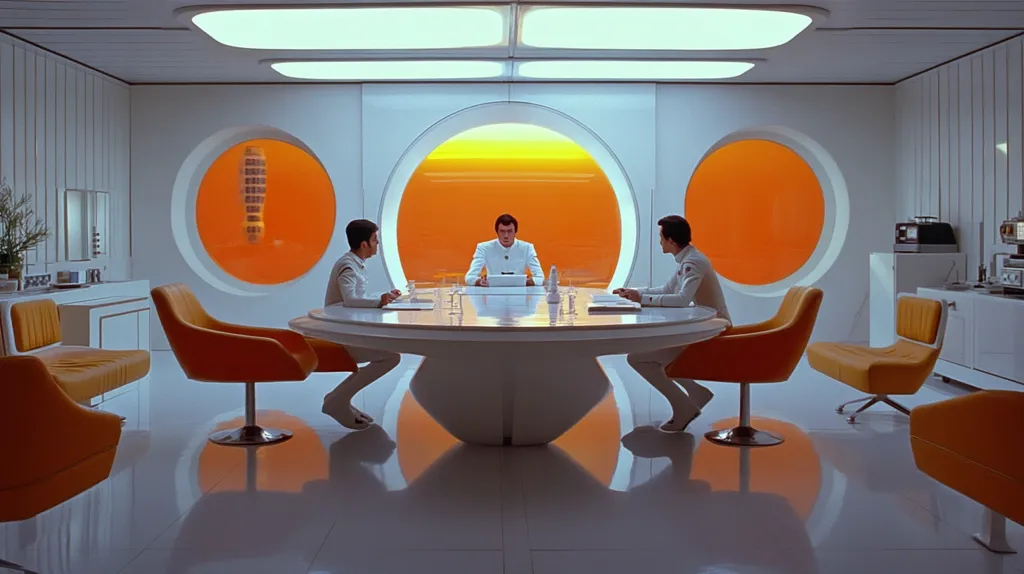 Here's a description of the image:

The image shows a futuristic, minimalist meeting room. Three men in white suits sit around a large, white, circular table.  The room is predominantly white with bright orange circular windows showcasing a vibrant orange backdrop. The chairs are low-slung and orange, matching the overall color scheme. The sleek, modern design creates a clean, sterile yet striking atmosphere.  The central figure at the table appears to be addressing the others.  Subtle details include a small coffee machine and a plant in the background.  The overall impression is one of advanced technology and stark, controlled aesthetics.