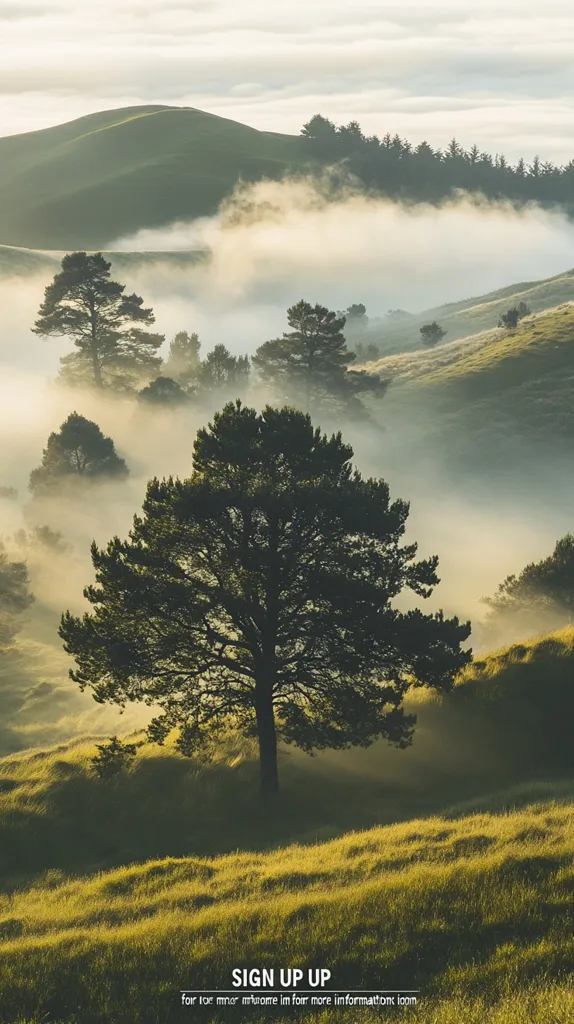A serene landscape unfolds, showcasing rolling green hills draped in a soft morning mist.  Sunlight illuminates the scene, highlighting individual trees scattered across the hillsides.  A prominent, dark-green tree stands in the foreground, its silhouette stark against the lighter background. The overall mood is peaceful and tranquil, evoking a sense of calm and natural beauty. A subtle "Sign Up Up" watermark appears at the bottom.