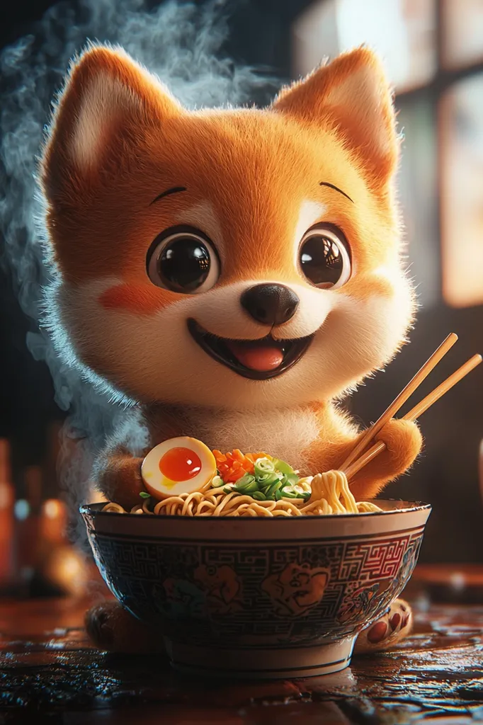 A charming, stylized Shiba Inu puppy with large, expressive eyes sits at a table, contentedly enjoying a steaming bowl of ramen.  The puppy holds chopsticks, delicately maneuvering noodles towards its mouth. The bowl is ornate, and steam rises from the hot broth. The scene is warm and inviting, with a soft, slightly blurred background. The overall style is digitally rendered, showcasing adorable features and attention to detail.