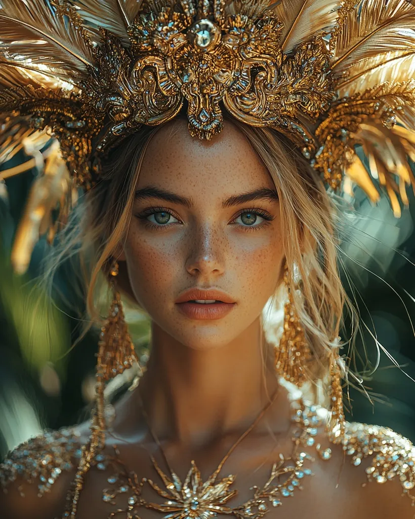 A young woman with light skin and freckles is adorned in opulent gold jewelry.  A large, elaborate headdress of feathers and gold detailing sits atop her blonde hair.  Long, gold dangling earrings and a matching necklace with a large, ornate pendant complement the headdress.  Her makeup is subtly glamorous, and she gazes directly at the camera. The background is blurred, suggesting an outdoor setting with lush greenery.  The overall impression is one of ethereal beauty and regal elegance.