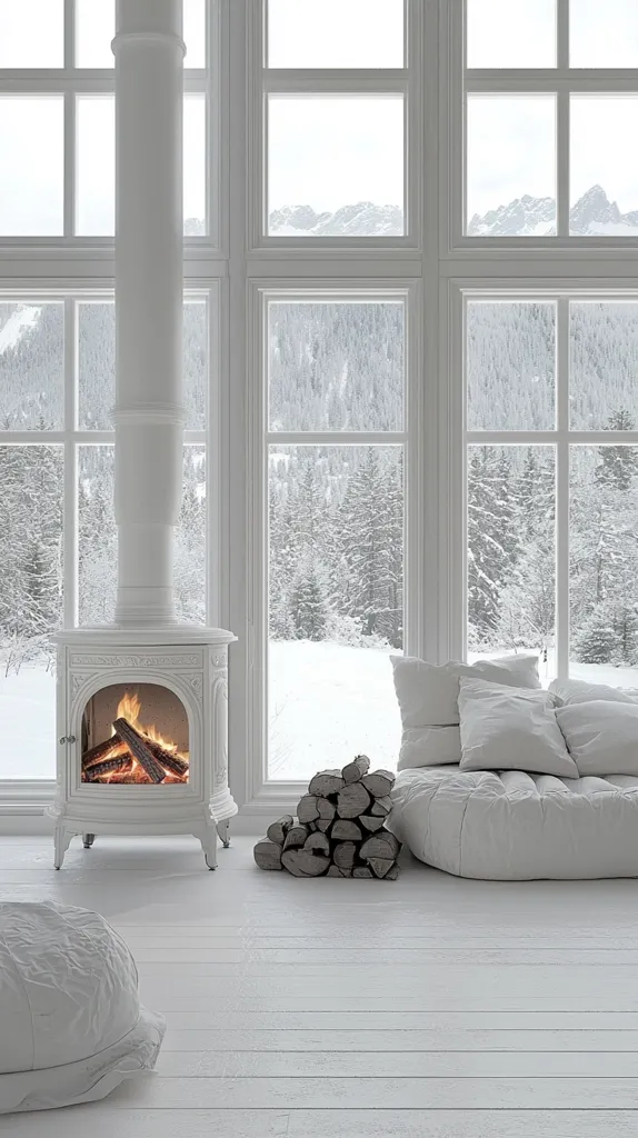 A minimalist white room features expansive windows showcasing a snowy, mountainous landscape. A white wood-burning stove sits centrally, its fire glowing warmly.  A plush, off-white floor cushion rests near the windows, providing a comfortable spot to enjoy the view. A stack of firewood sits beside it, adding a touch of rustic charm to the otherwise pristine space.  The pale wood floors and walls contribute to the overall serene and bright atmosphere.