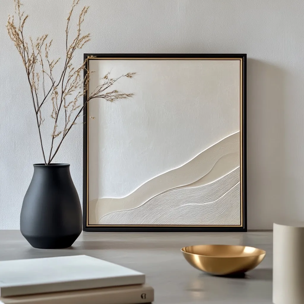 Here's a description of the image:

The image showcases a minimalist interior scene.  A square, framed artwork dominates the center, featuring a textured, off-white canvas with raised, wave-like forms in varying shades of beige and off-white.  To the left, a dark gray, bulbous vase holds dried, light brown branches.  A gold bowl sits on the surface to the right, next to a light beige cylindrical object.  The setting is simple and serene, with a neutral color palette and a calm atmosphere. The artwork's texture is the main focal point, creating a sense of depth and tranquility.  A stack of books sits neatly on the surface in the bottom left.