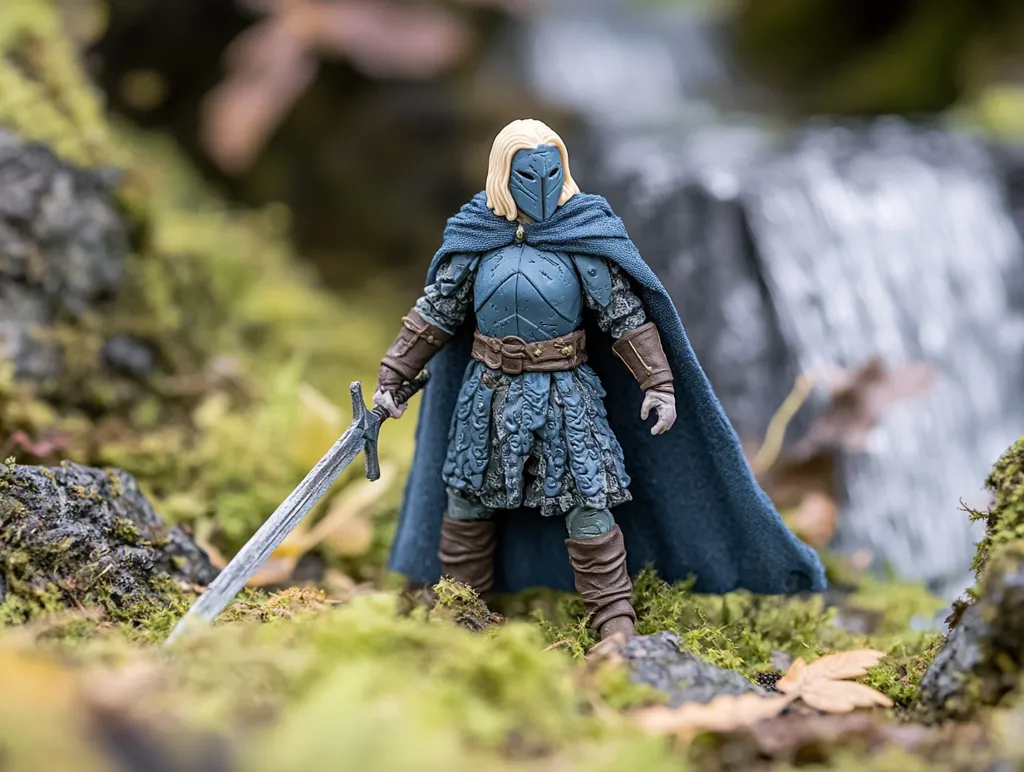 Here's a description of the image:

A detailed action figure, possibly from a fantasy setting, stands prominently in the foreground.  Clad in blue-grey armor and a long, dark blue cloak, the figure wields a long, slender sword.  The figure's helmet is a unique, face-covering design.  The background is blurred but shows a mossy, rocky landscape with a waterfall cascading in the distance, creating a sense of depth and suggesting a natural, outdoor setting. The overall lighting and focus enhance the miniature's details and the environment's texture.