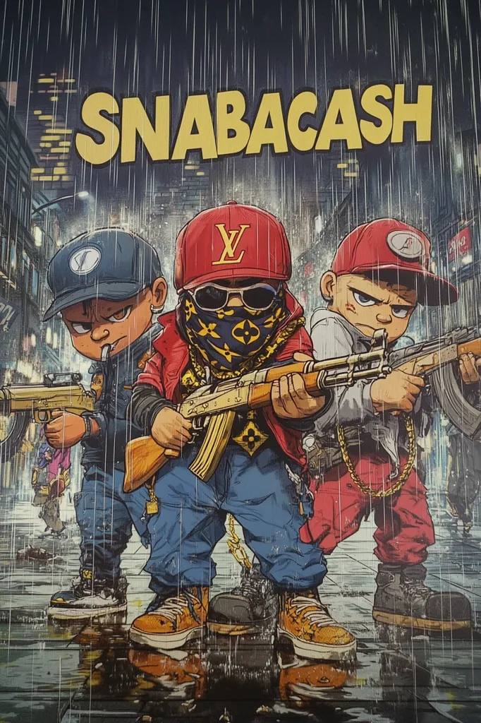 The image shows a stylized illustration of three young, cartoonish figures, dressed in hip-hop attire, brandishing AK-47 assault rifles.  They stand on a rain-slicked city street under the bold, yellow lettering "SNABACASH."  The central figure wears a Louis Vuitton-branded hat and bandana, while the others sport baseball caps.  The overall style is gritty and urban, blending elements of street art and hip-hop culture. The scene is vibrant and dynamic, conveying a sense of tension and urban energy.
