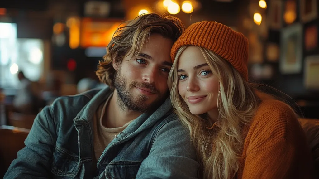 Here's a description of the image:

Close-up of a young couple sitting intimately close together. The man has shoulder-length, wavy blonde hair and a beard, wearing a denim jacket. The woman has long blonde hair, wearing an orange knit beanie and matching sweater.  They are in a cafe setting with a blurred background of warm lighting and other patrons.  The mood is romantic and intimate, focusing on their connection.  The image has a soft, warm tone, emphasizing the couple's closeness and affection.