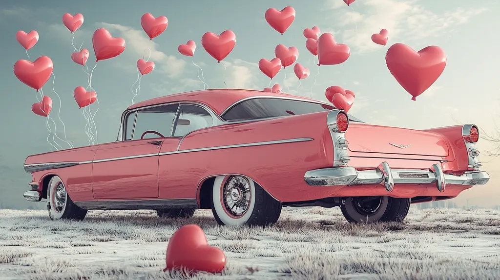 A vintage, light pink classic car sits in a snowy field, surrounded by numerous heart-shaped balloons floating in the air.  The scene evokes a romantic and nostalgic feeling, suggesting a Valentine's Day theme or a celebration of love. The car's gleaming chrome and the soft pastel colors create a charming and idyllic image. Two additional heart-shaped balloons lie on the ground near the car, adding to the overall romantic ambiance.