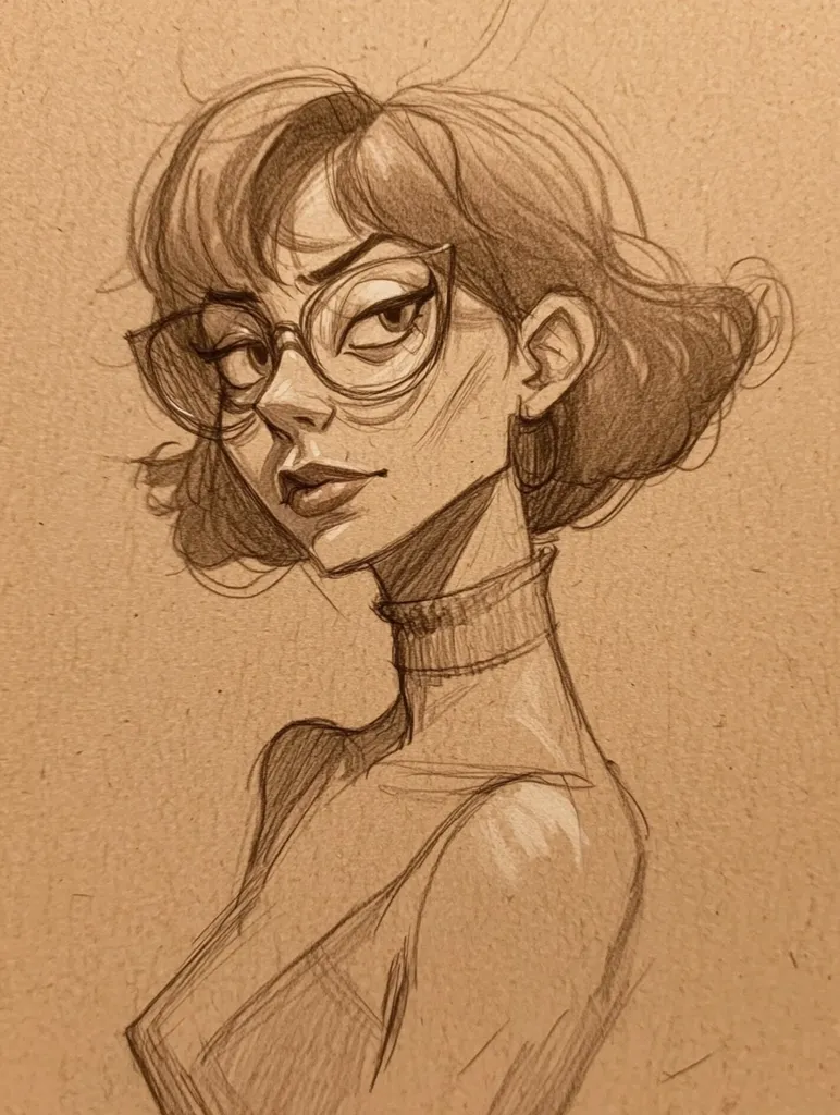 Here's a description of the image:

The sketch depicts a young woman with short, slightly tousled bobbed hair, wearing glasses.  She's portrayed in a three-quarter view, her gaze directed slightly away from the viewer.  Her expression is serious, almost pensive.  She appears to be wearing a high-necked garment, and her shoulders and upper chest are visible. The style is expressive and loose, utilizing shading and line work to convey form and texture. The drawing is done in pencil, on a beige-toned paper, giving it a warm, slightly muted tone.  The overall impression is one of stylish simplicity and quiet confidence.