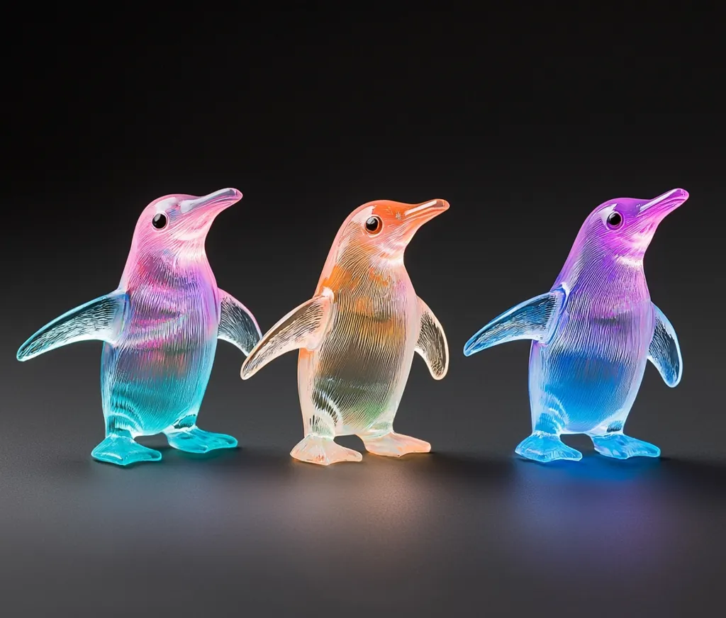 Three translucent penguin figurines are arranged in a row against a dark background.  Each penguin is a different color; one is a gradient of pink and teal, another is a peachy orange, and the third is a blend of purple and blue. The penguins are crafted from a material that allows light to shine through, giving them a luminous quality. Their sculpted details, including feathers, are visible. The image highlights their vibrant colors and elegant design.