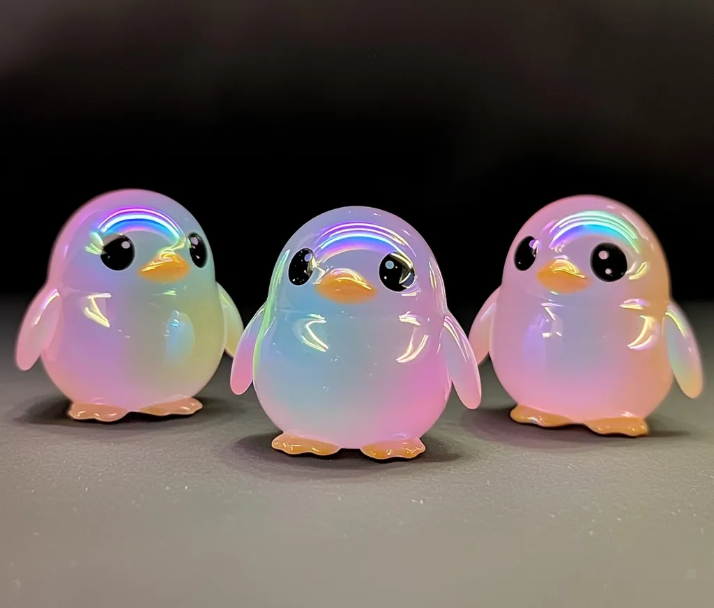 Three iridescent penguin figurines are arranged on a dark surface.  They are chubby, with smooth, glossy surfaces that shift in color from pink to pastel blue and purple.  Their eyes are dark, and their beaks are a light orange.  The penguins appear to be made of glass or resin and have a charming, whimsical quality.  The lighting enhances their otherworldly glow.