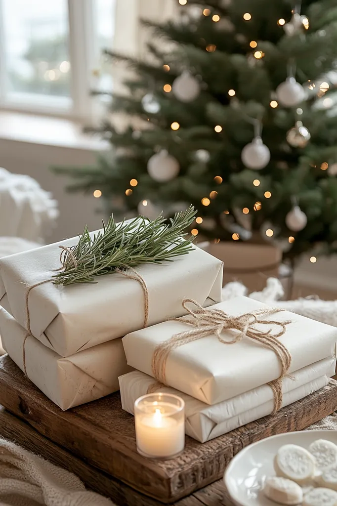 A rustic wooden board holds a stack of simply wrapped gifts, adorned with sprigs of rosemary and twine.  The gifts are a creamy off-white, creating a minimalist aesthetic.  A flickering candle sits beside them, adding warmth to the scene. The background is softly blurred, featuring a Christmas tree illuminated with warm lights, creating a cozy, festive atmosphere.  The overall feel is one of simple elegance and holiday charm.